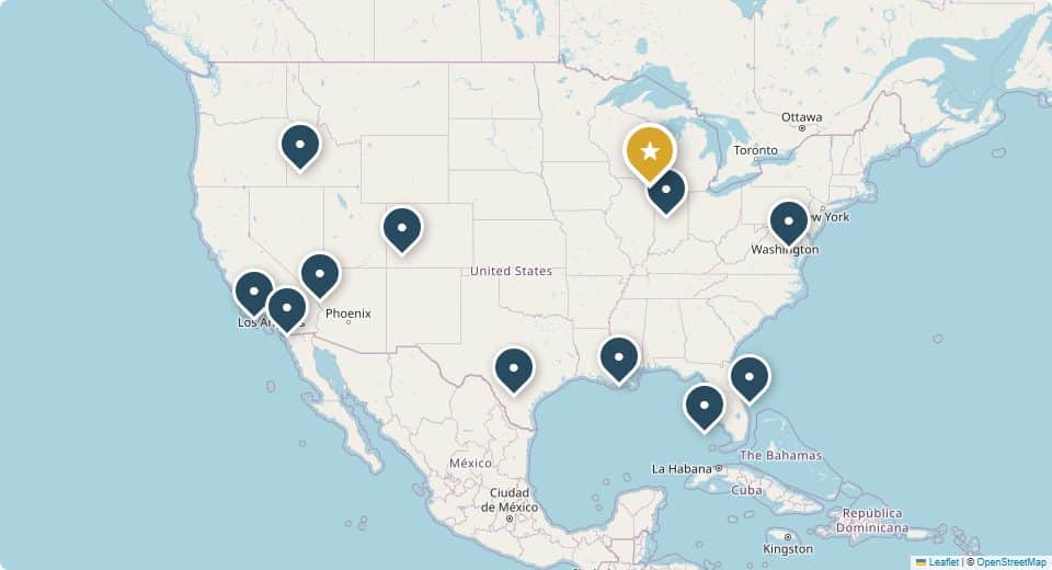 Map of SAS-GPS headquarters in Pewaukee, Wisconsin and team locations across the United States